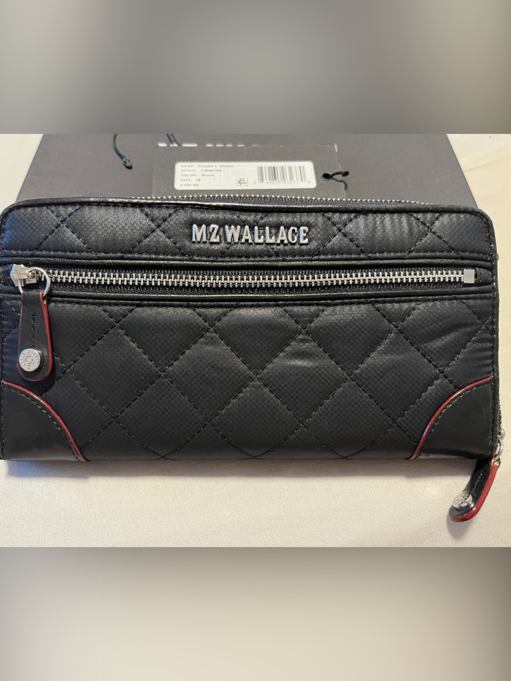 MZ Wallace Black Quilted Crosby L. Wallet with Red Edge Trim